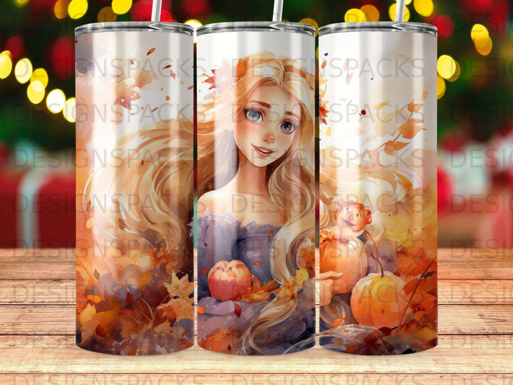 Animated princess holding a pumpkin with autumn leaves and a monkey.