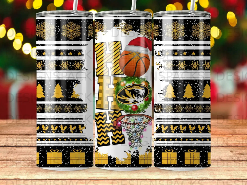 Basketball player wearing a Santa hat on a tumbler with snowflakes and presents.