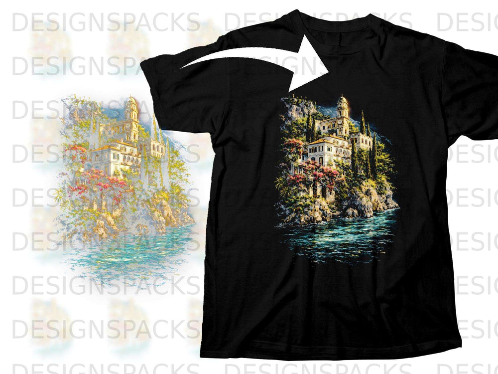 Black t-shirt with a vibrant print of a villa on a cliff overlooking the ocean.