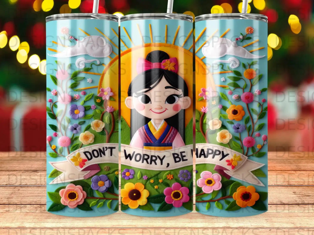 Triptych of a smiling girl in a kimono, surrounded by colorful flowers and a sun graphic.
