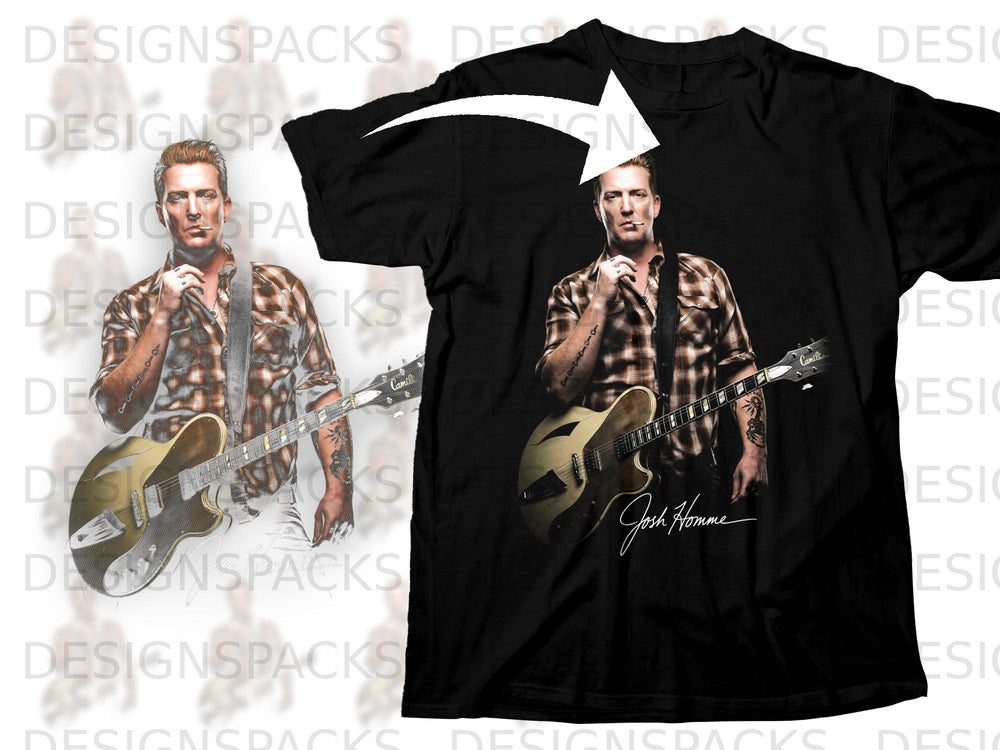 Black t-shirt with Josh Homme playing a guitar, signed below.