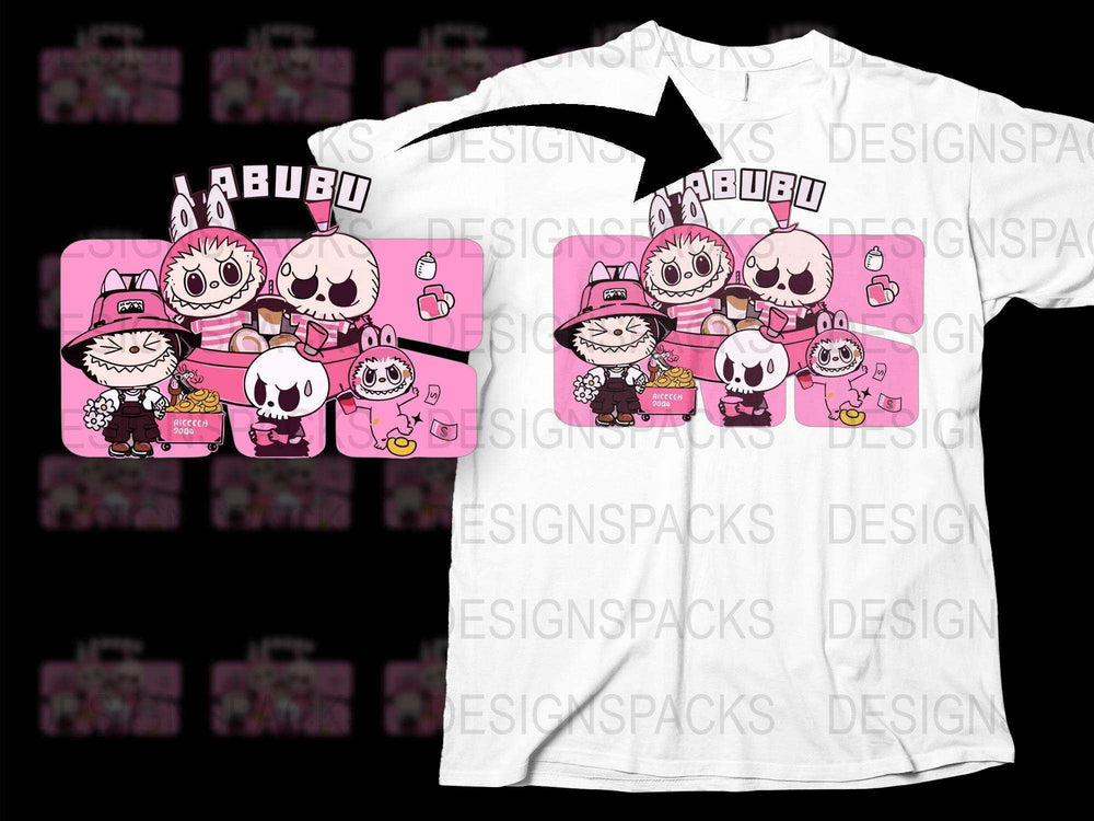Kawaii Anime Cat Characters T-Shirt, Cute Pink Graphic Tee, Japanese Style Casual Apparel