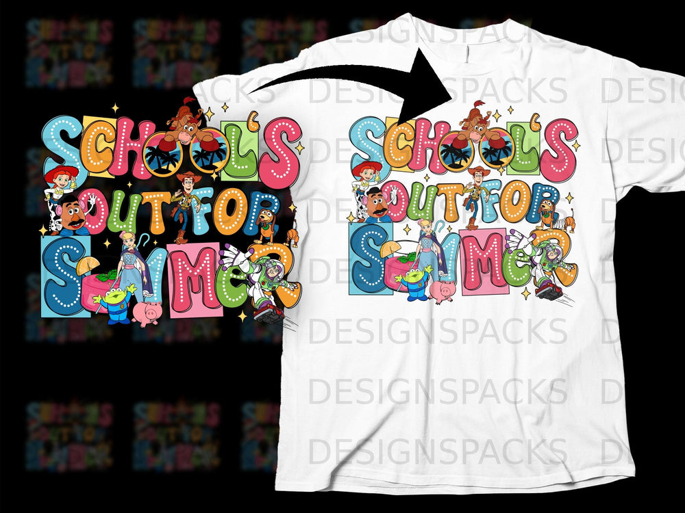 Toy Story characters on a shirt with "SCHOOL'S OUT FOR SUMMER" text.