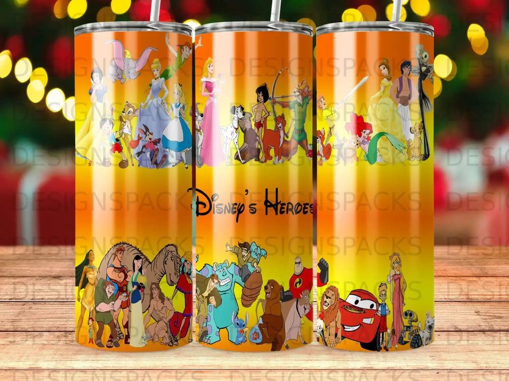 Disney's Heroes tumbler featuring iconic animated characters on a colorful background.