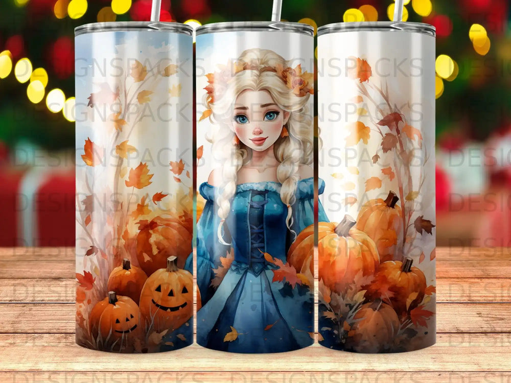 Young woman in blue dress with pumpkins and autumn leaves.