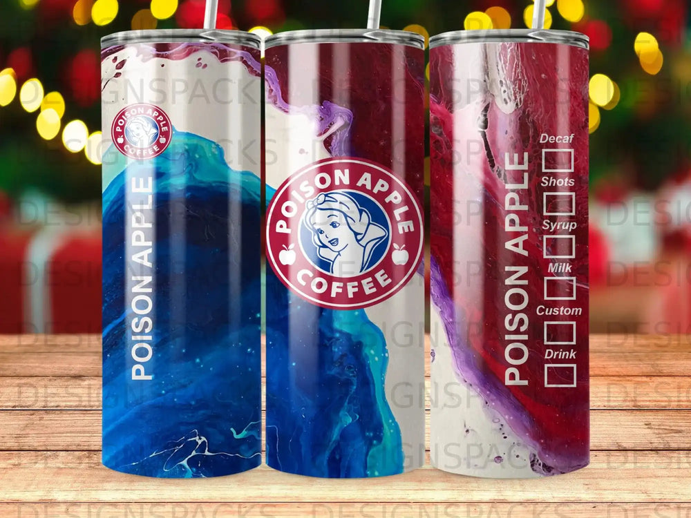 Tumbler with "Poison Apple Coffee" logo and layered drink ingredients.