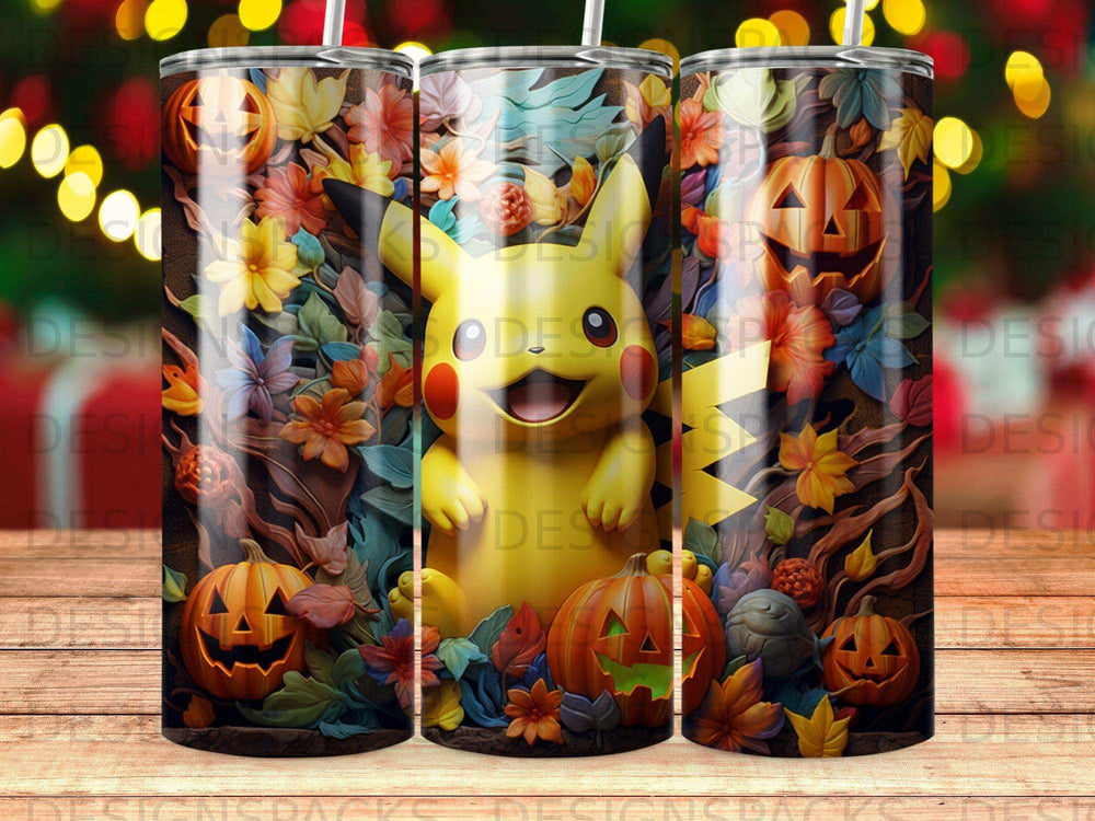 Pikachu character surrounded by autumn leaves, pumpkins, and glowing lights.