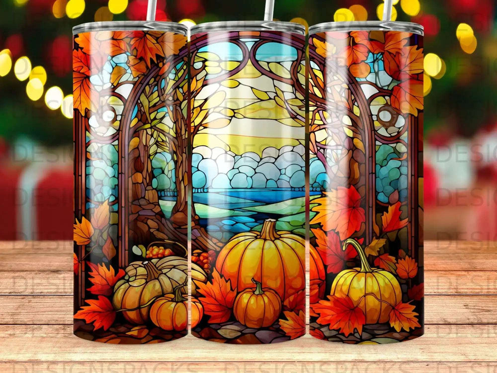 Stained glass tumbler design featuring pumpkins, fall leaves, and autumn trees.