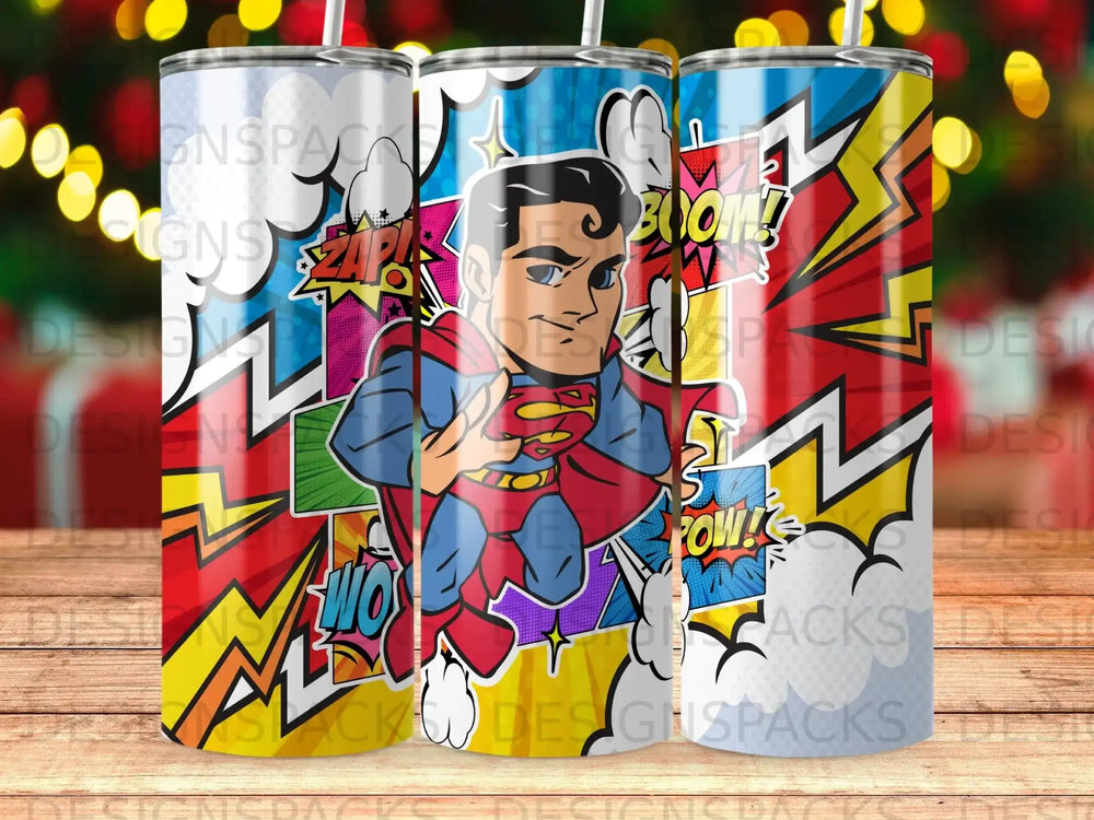 Superman in comic book style, with "BOOM!!" and "POW!" sound effects.
