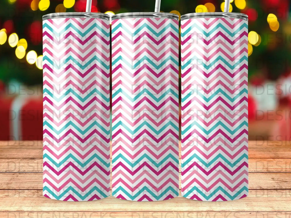 Three tumblers with a pink and teal chevron pattern.