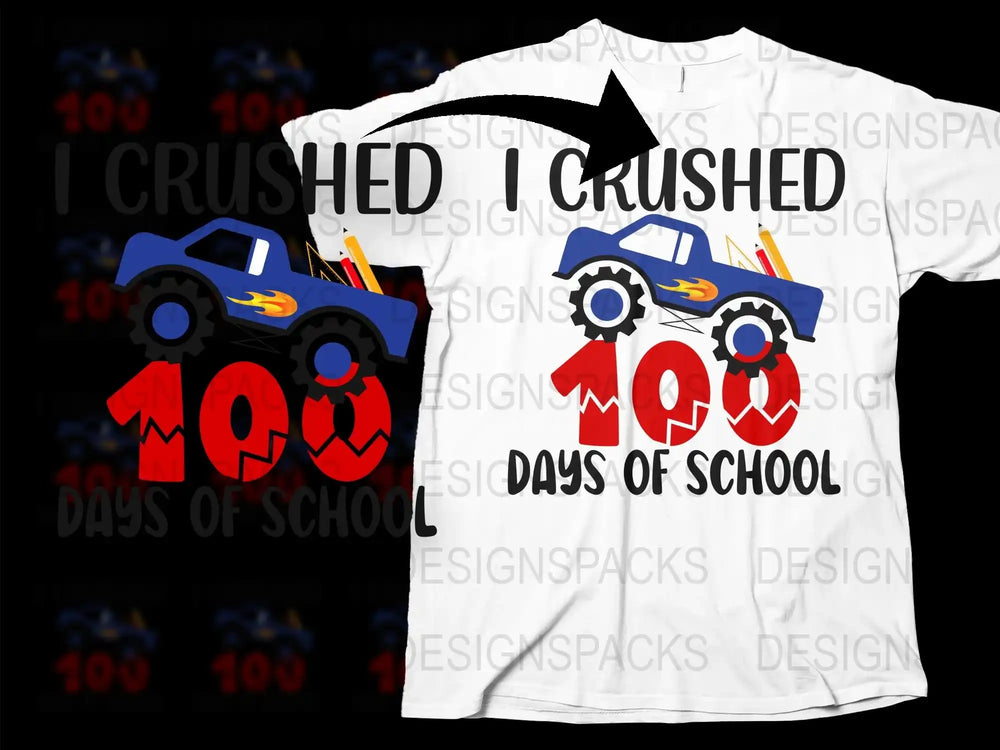 'I Crushed 100 Days of School' T-Shirt, Monster Truck Graphic Tee, Kids School Celebration Shirt, Fun Primary School Outfit