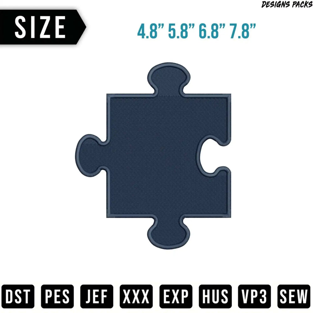 Dark blue embroidered puzzle piece patch with size and file format text.