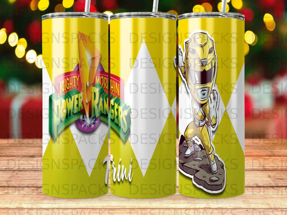 Mighty Morphin Power Ranger yellow ranger standing, gold trim tumbler.