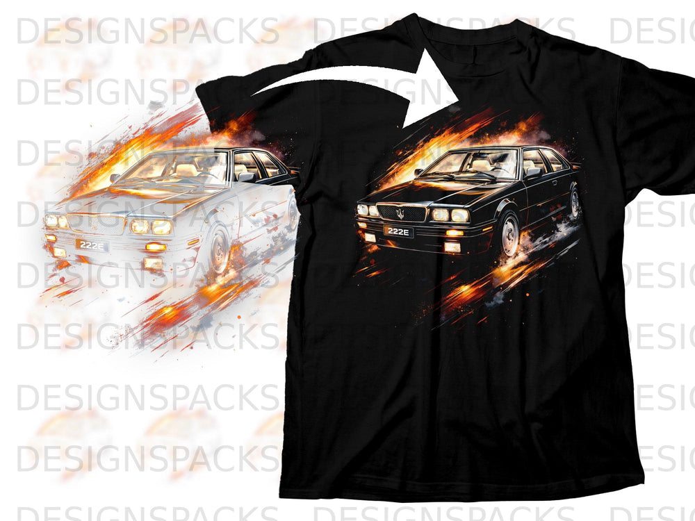 Black t-shirt with a black Maserati 222E driving through flames.