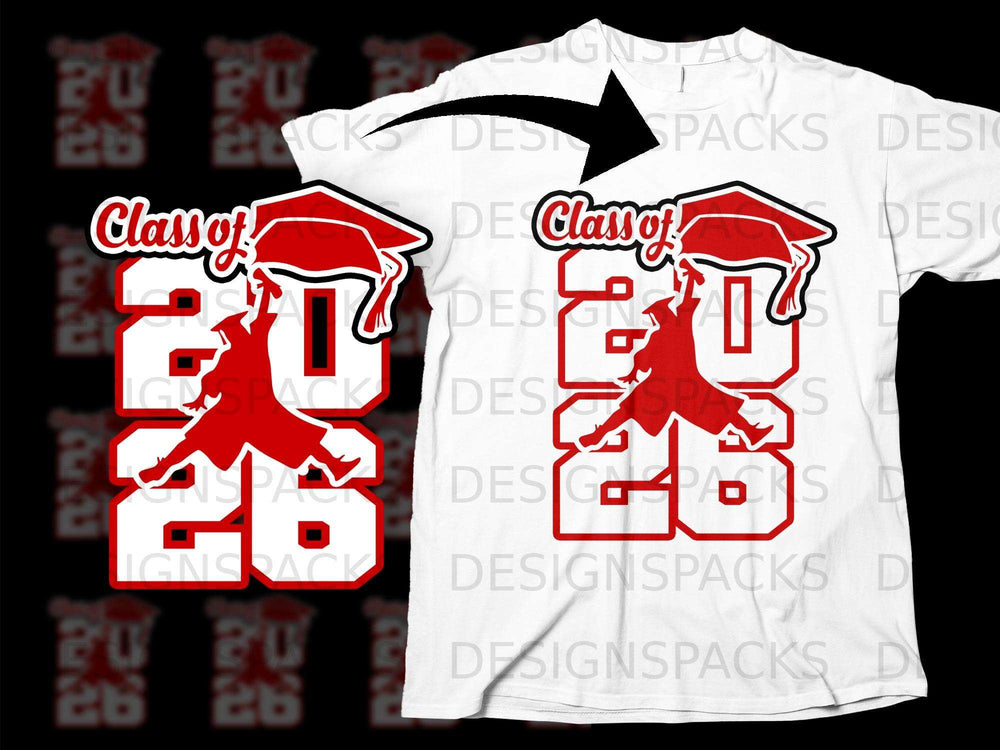 White t-shirt featuring "Class of 2026" with a graduation cap and silhouette.