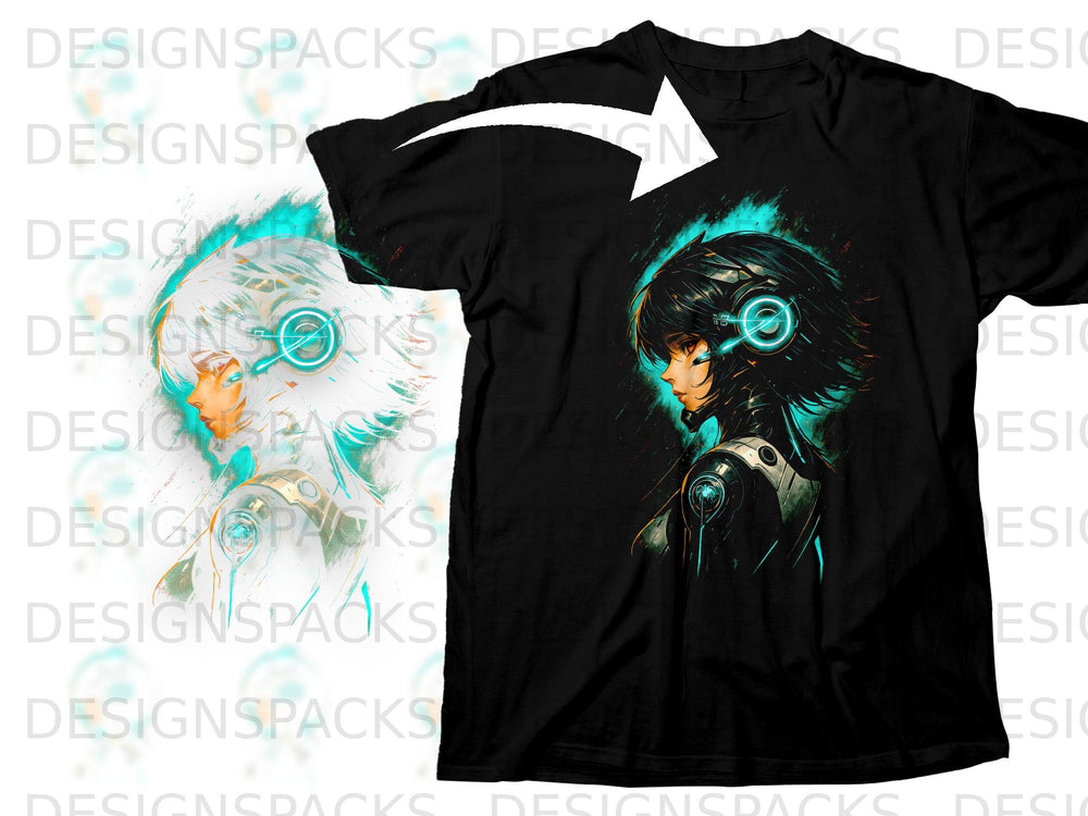 Black t-shirt featuring anime girl graphic with futuristic headphones.