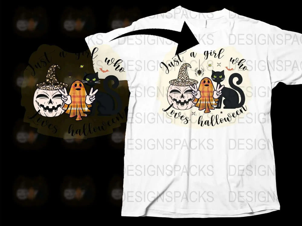 Halloween Themed T-Shirt Just a Girl Who Loves Halloween Cats Pumpkins Graphic Tee