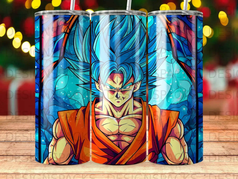 Goku from Dragon Ball Z on a blue and orange stained glass tumbler.