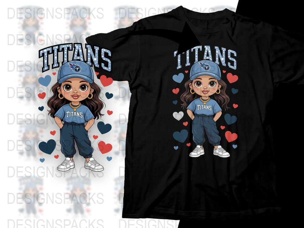 Titans Fan Girl T-Shirt, Cute Cartoon Character, Hearts, Kids Sports Apparel, Blue and Red Tee