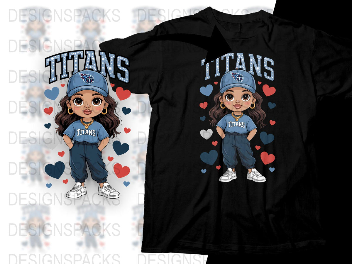 Titans Fan Girl T-Shirt, Cute Cartoon Character, Hearts, Kids Sports Apparel, Blue and Red Tee
