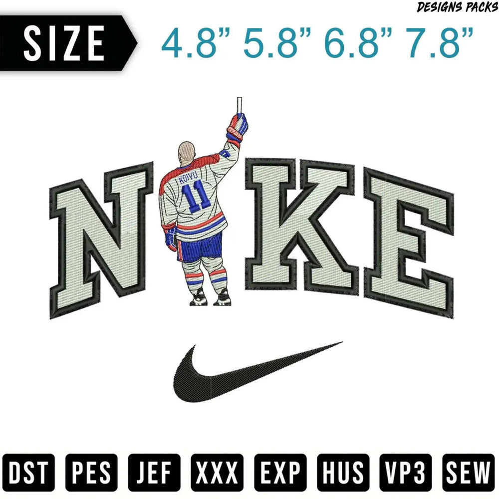 Embroidery design of a hockey player raising a stick in front of Nike logo.