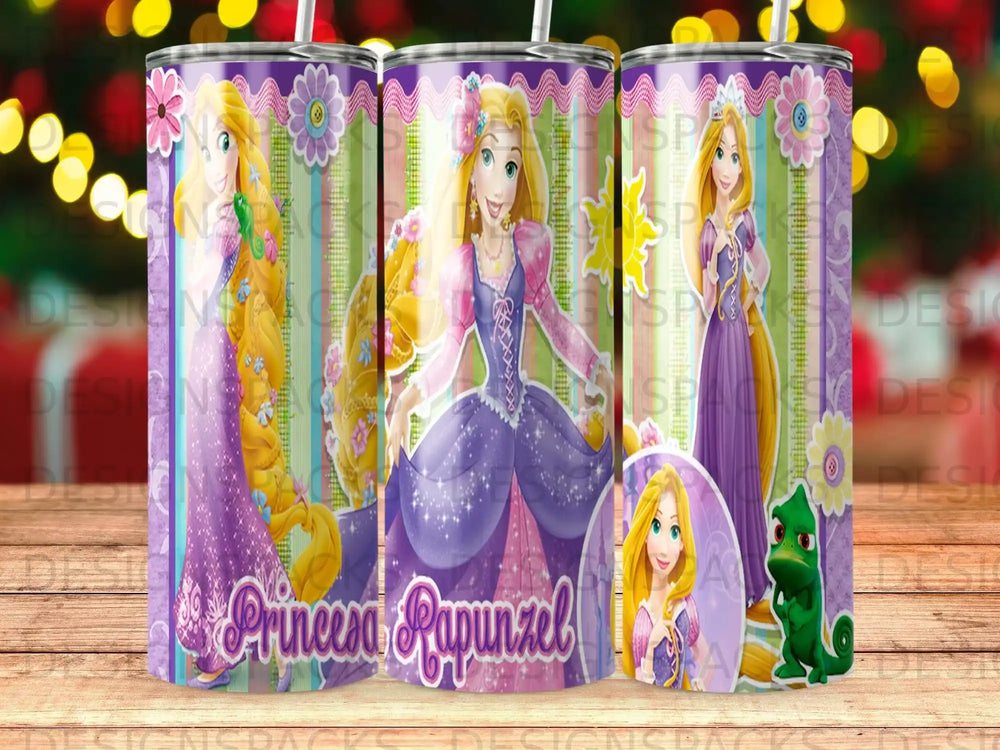 Tangled Princess Rapunzel with Pascal the chameleon on a purple striped tumbler.