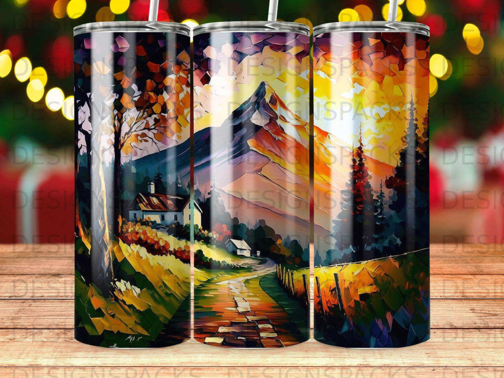 Autumn mountain landscape with a house, path, and vibrant fall foliage.
