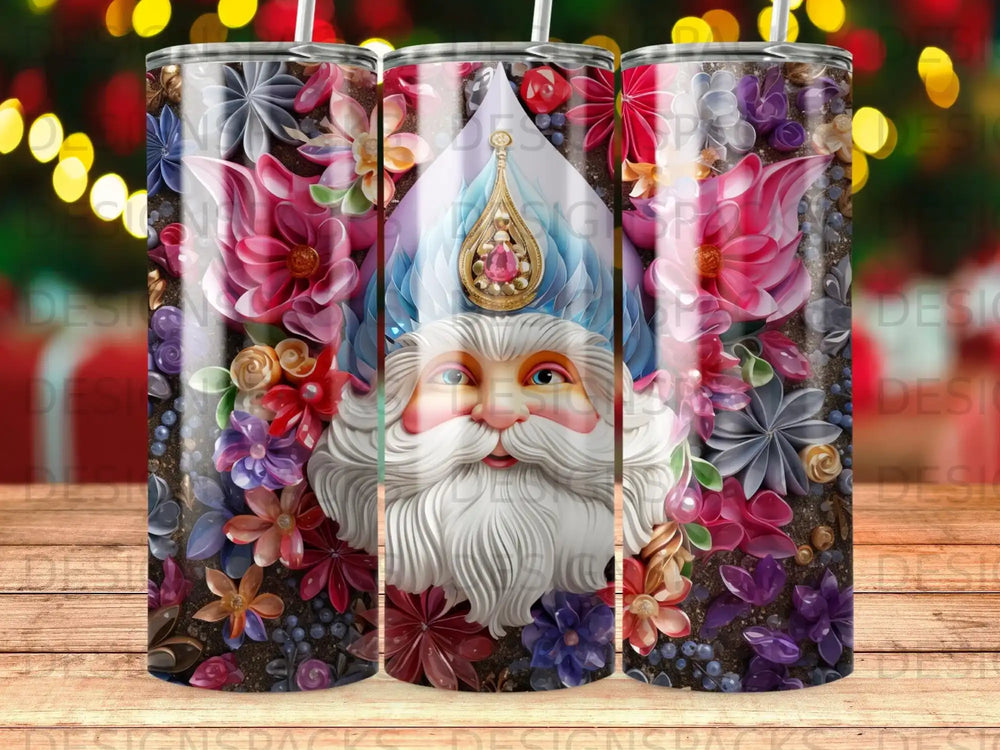 Santa Claus portrait surrounded by colorful floral arrangements and a sparkling crown.