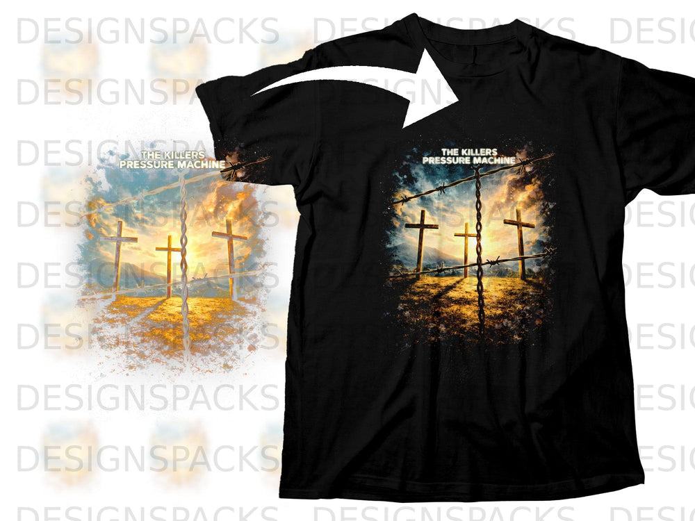 Black t-shirt with album art of crosses, barbed wire, and sunset titled "The Killers Pressure Machine".