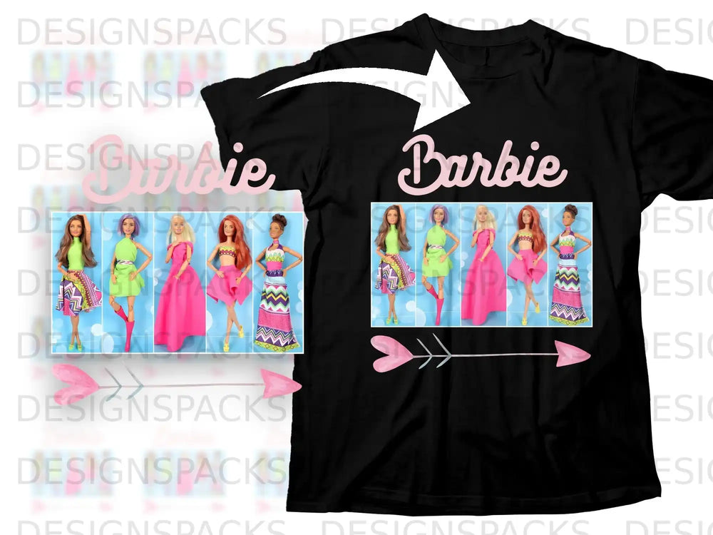 Black t-shirt with pink Barbie logo and images of four Barbie dolls.
