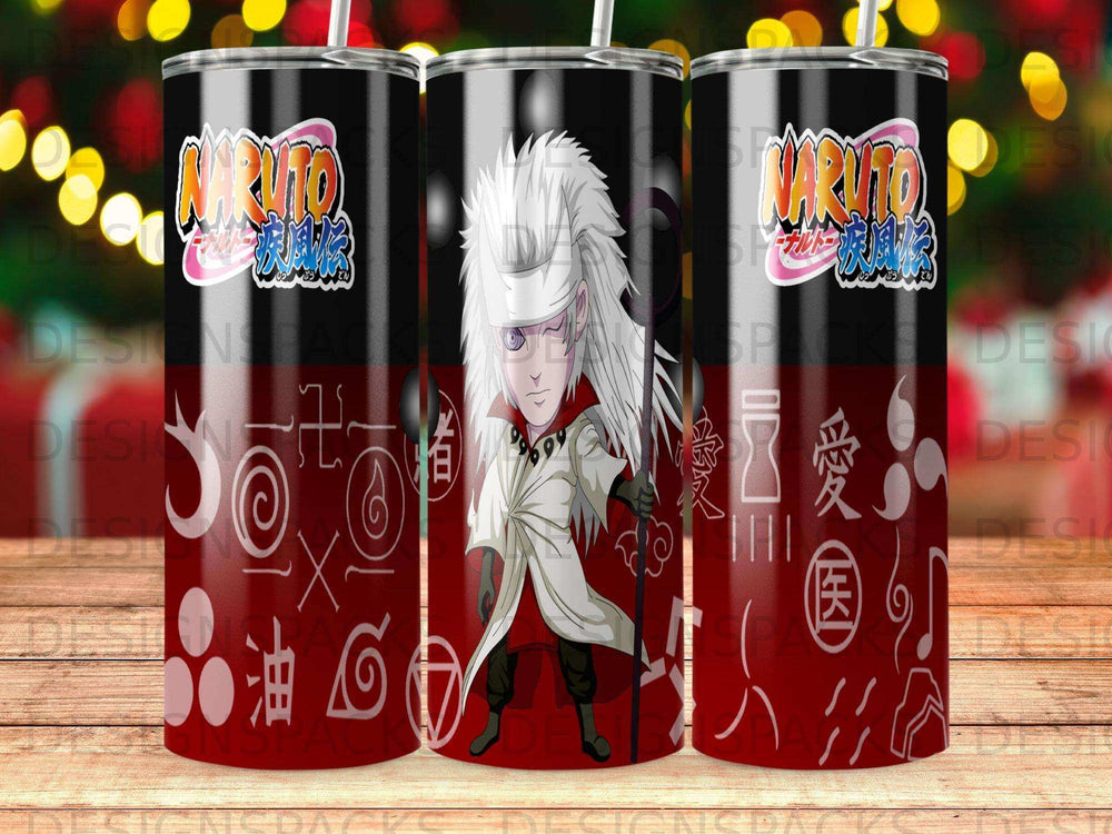 Naruto Madara Uchiha tumbler with Japanese characters and symbols.