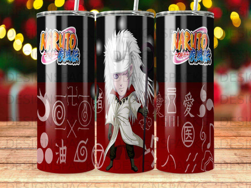Naruto Madara Uchiha tumbler with Japanese characters and symbols.