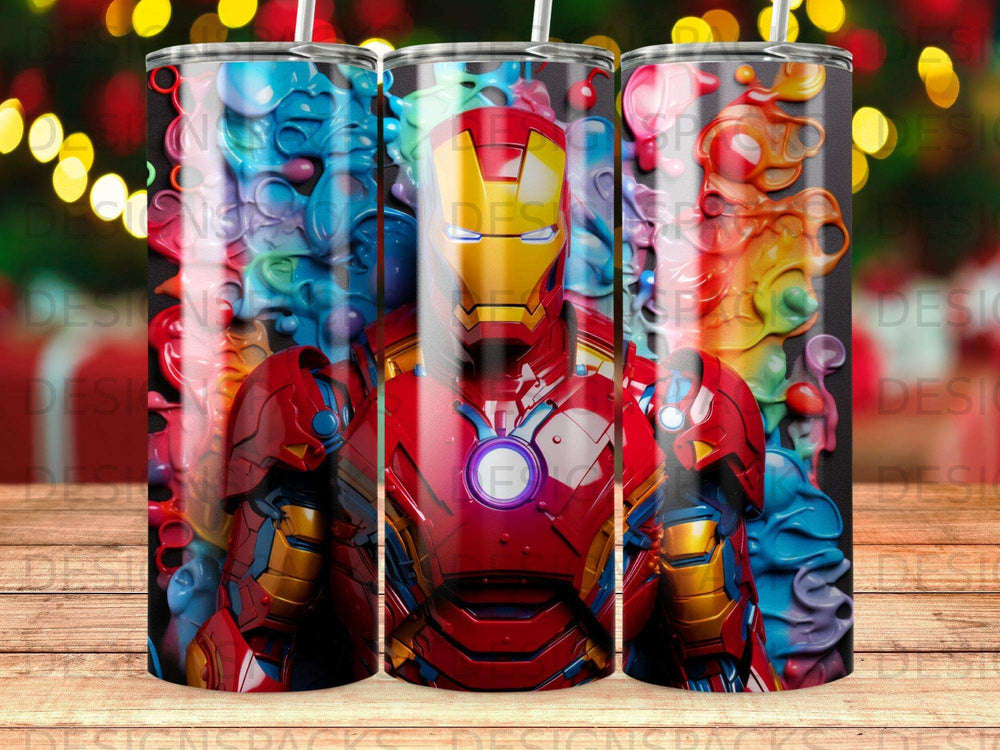 Iron Man in his armor with colorful, abstract paint splashes behind him.