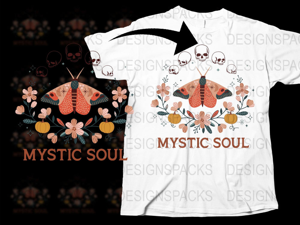 Mystic Soul Graphic T-Shirt, Floral Skull and Moth Design, Unisex Fashion Tee, Boho Chic Style, Unique Casual Wear