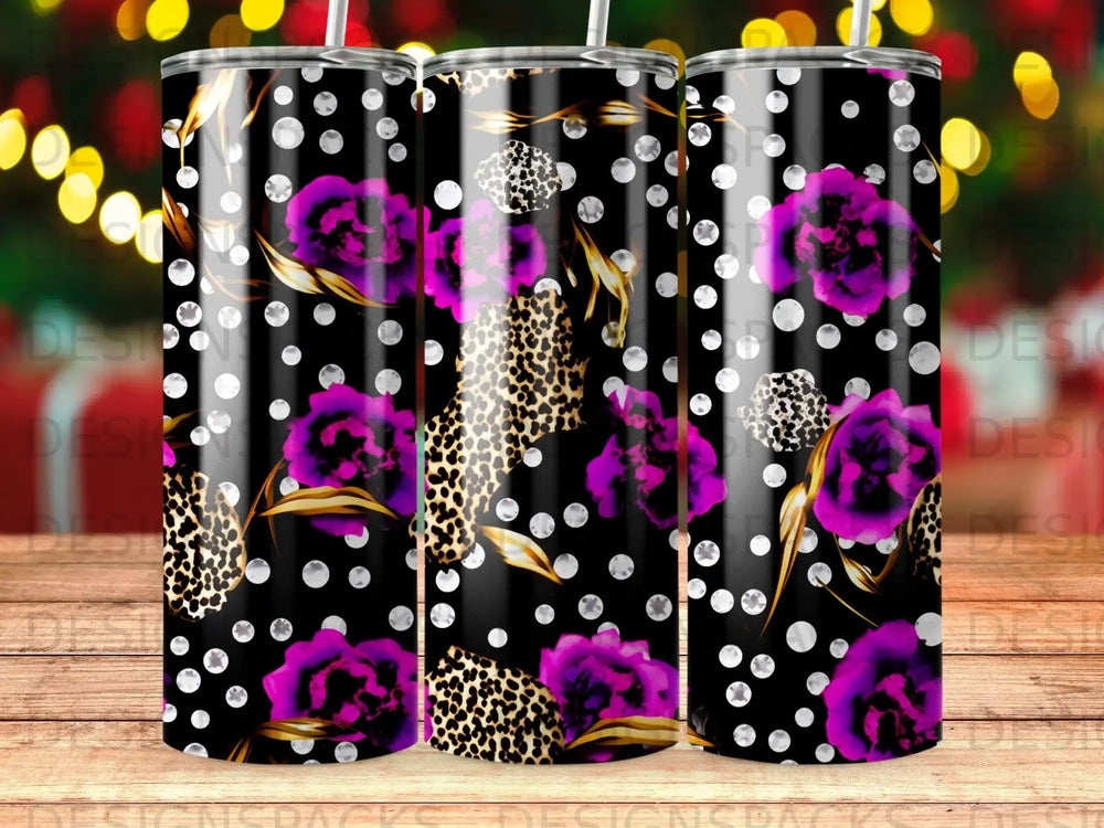 Black tumbler with purple flowers, leopard print, and polka dots.