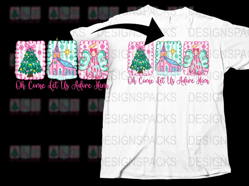 Christmas T-Shirt Oh Come Let Us Adore Him Festive Trees Pink Graphic Tee Holiday Apparel