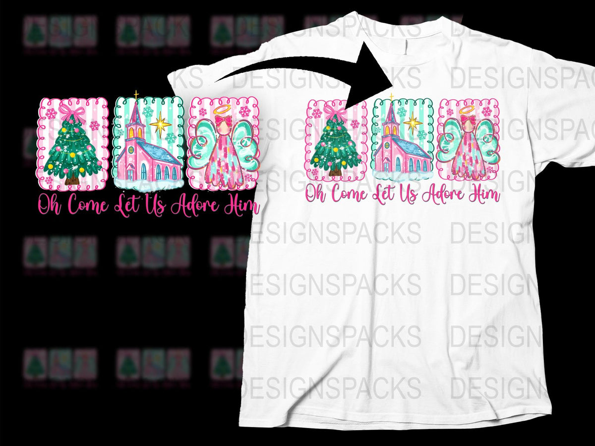 Christmas T-Shirt Oh Come Let Us Adore Him Festive Trees Pink Graphic Tee Holiday Apparel
