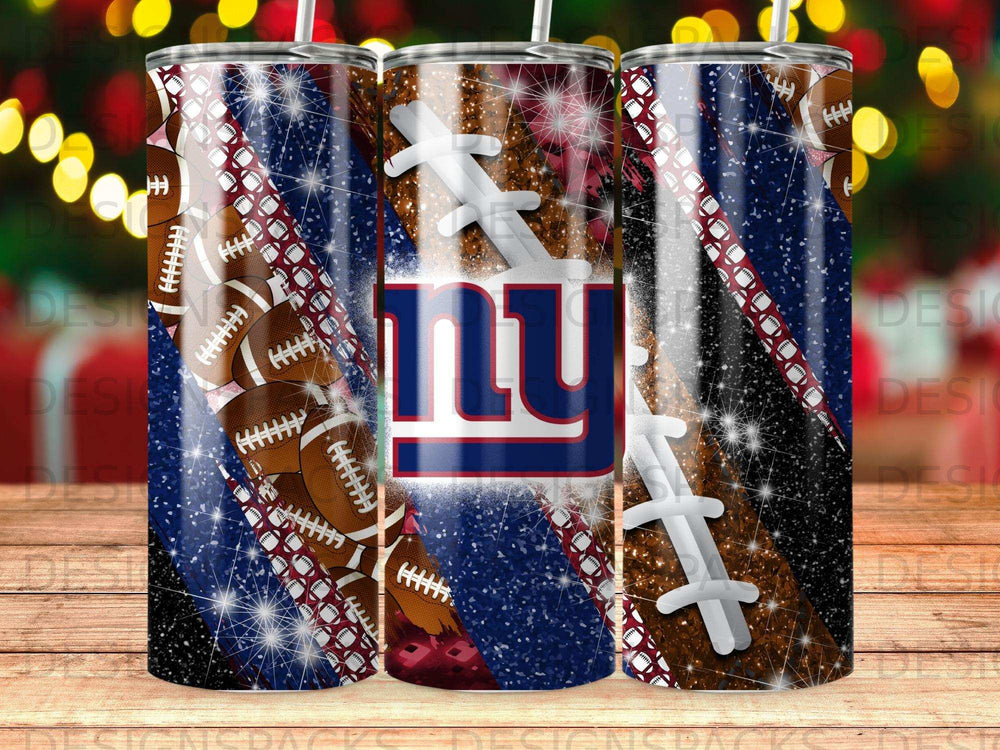 Three tumblers with New York Giants logo, footballs, and glitter.