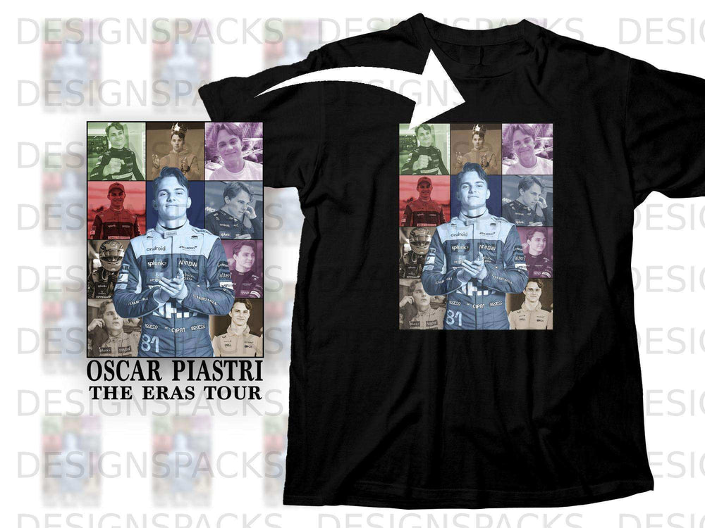 Oscar Piastri Eras Tour t-shirt with a collage of his photos and sponsor logos.