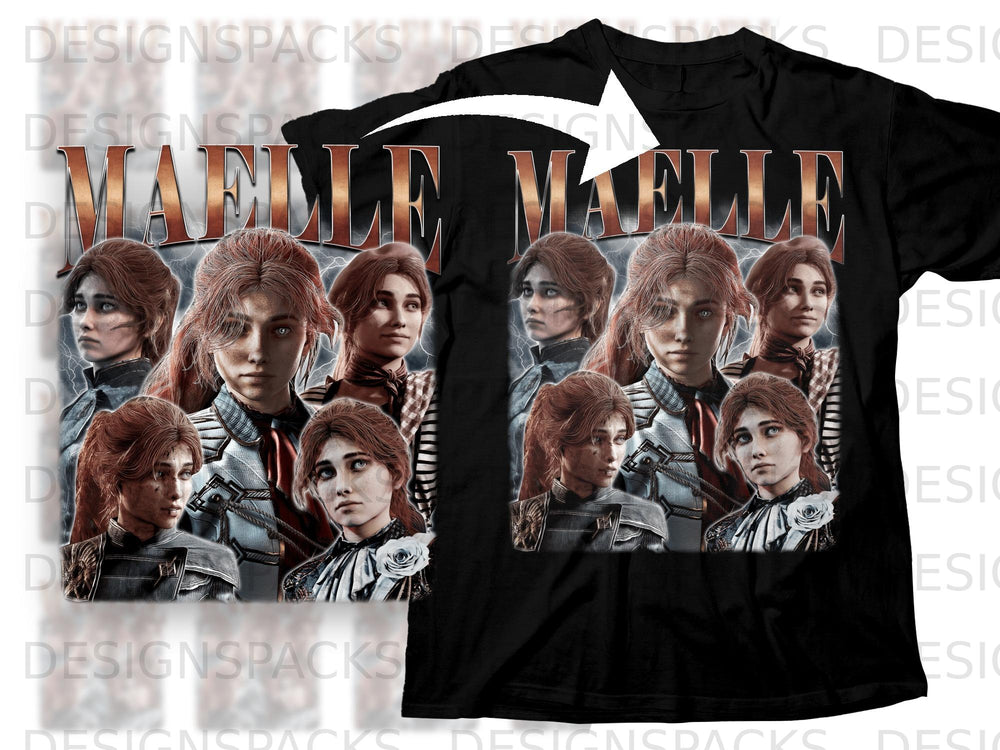 Collage of "MAELLE" text with several female characters in a collage on a black t-shirt.