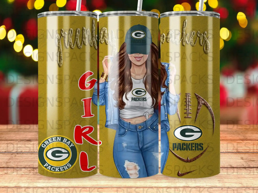 Green Bay Packers girl with baseball cap on tumbler.