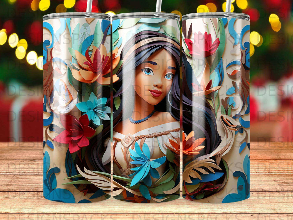 Illustration of a woman with blue eyes and floral designs.