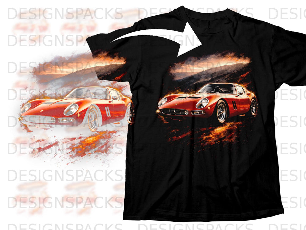 Black t-shirt with a red vintage sports car graphic, with fiery effects.