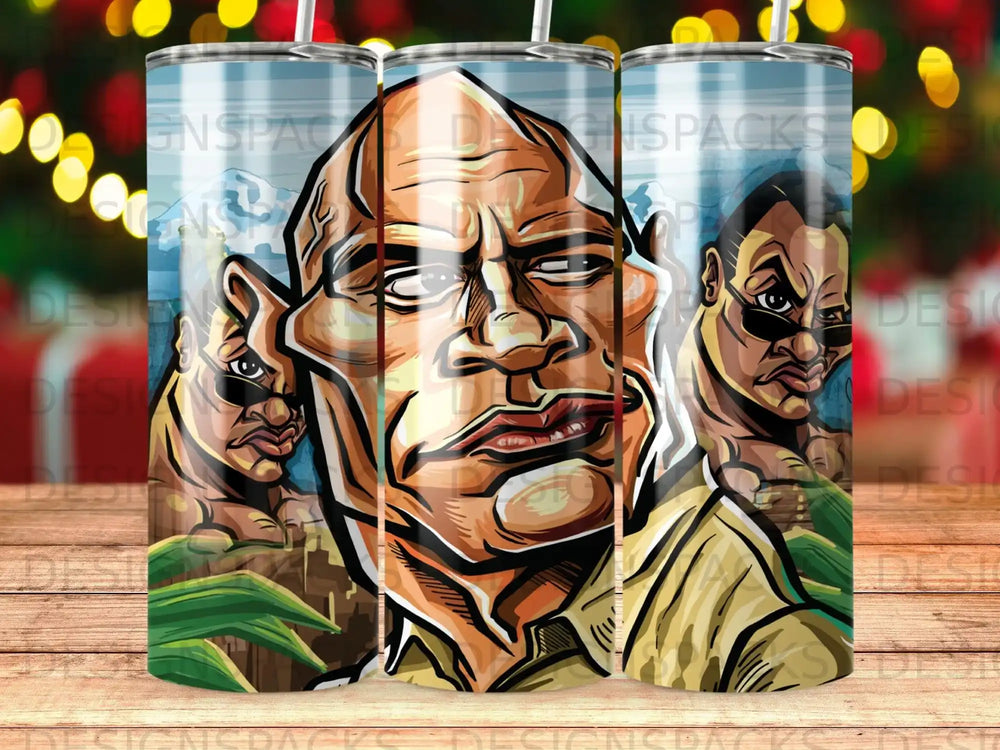 Cartoon illustration of Dwayne "The Rock" Johnson with mountains behind him.