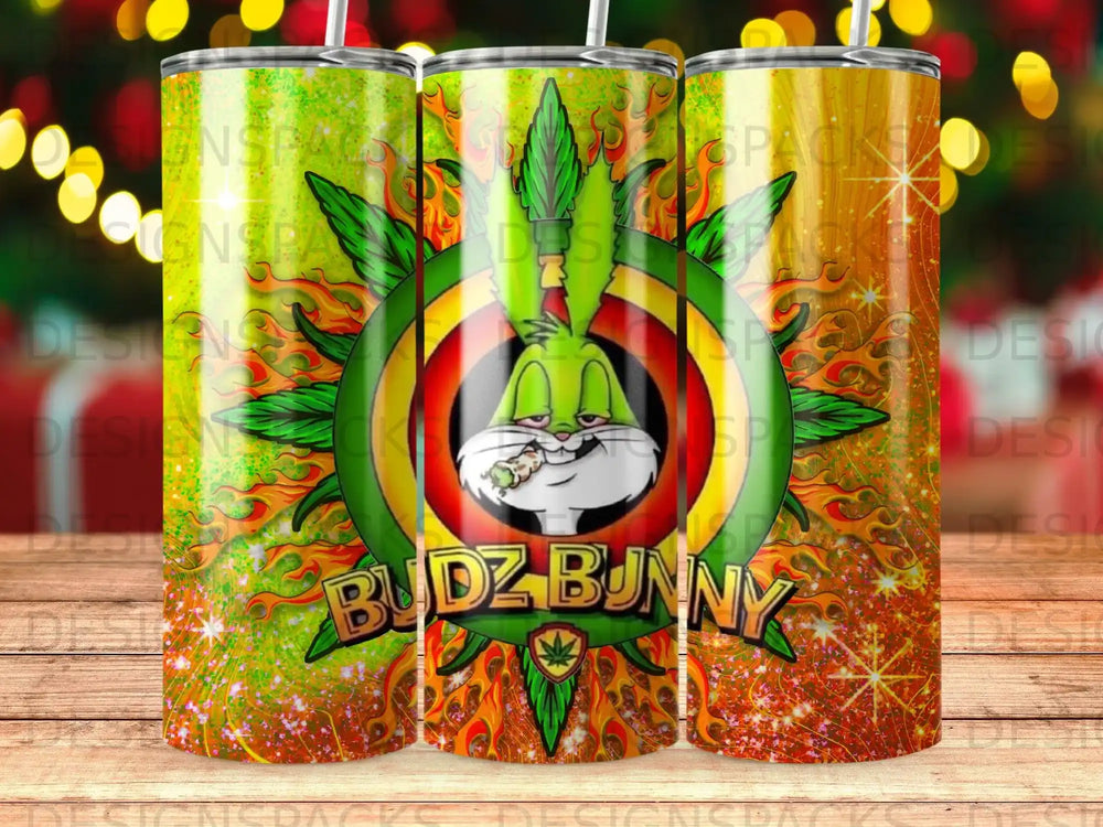 Bugs Bunny smoking a joint, surrounded by cannabis leaves and glitter.
