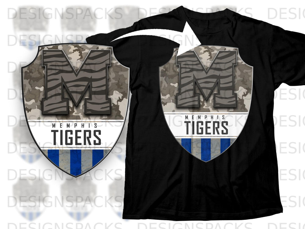 Black t-shirt featuring a shield logo with a camouflage background and tiger stripes.