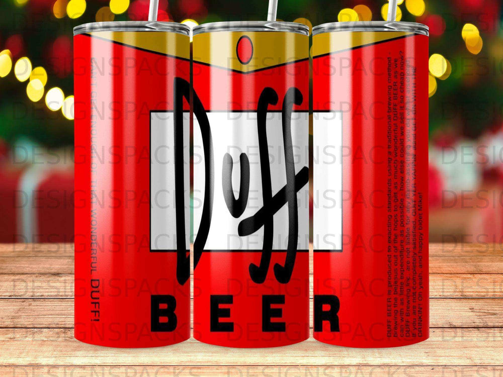 Duff Beer can with the Duff Beer logo and brewing description.