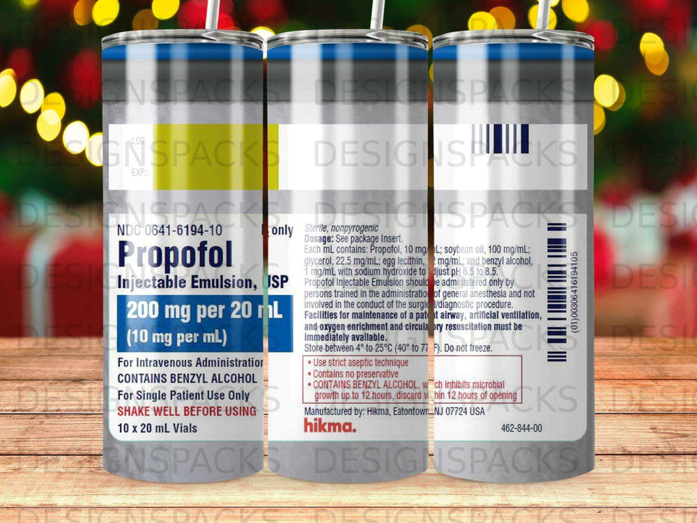 Propofol injectable emulsion vial with NDC 0641-6194-10 and dosage information.