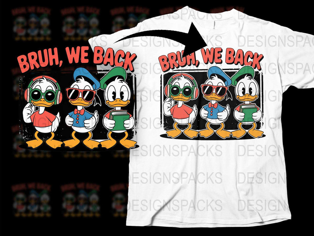 Bruh We Back Cartoon Ducks T-Shirt, Cool Hip Hop Style Duck Graphic Tee, Funny Animal Shirt for Adults and Teens