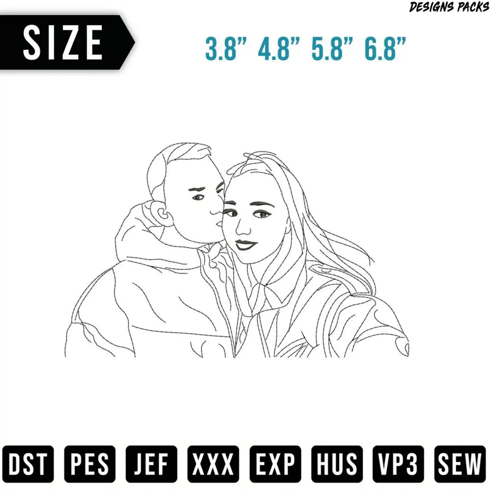 Embroidery design of a couple kissing, available in multiple sizes and formats.